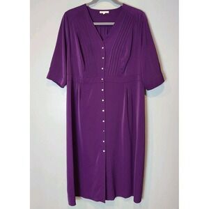 Purple Button Front Maxi Shirt Dress Size 2X Flowy Silky Pintuck Pleat Stretch